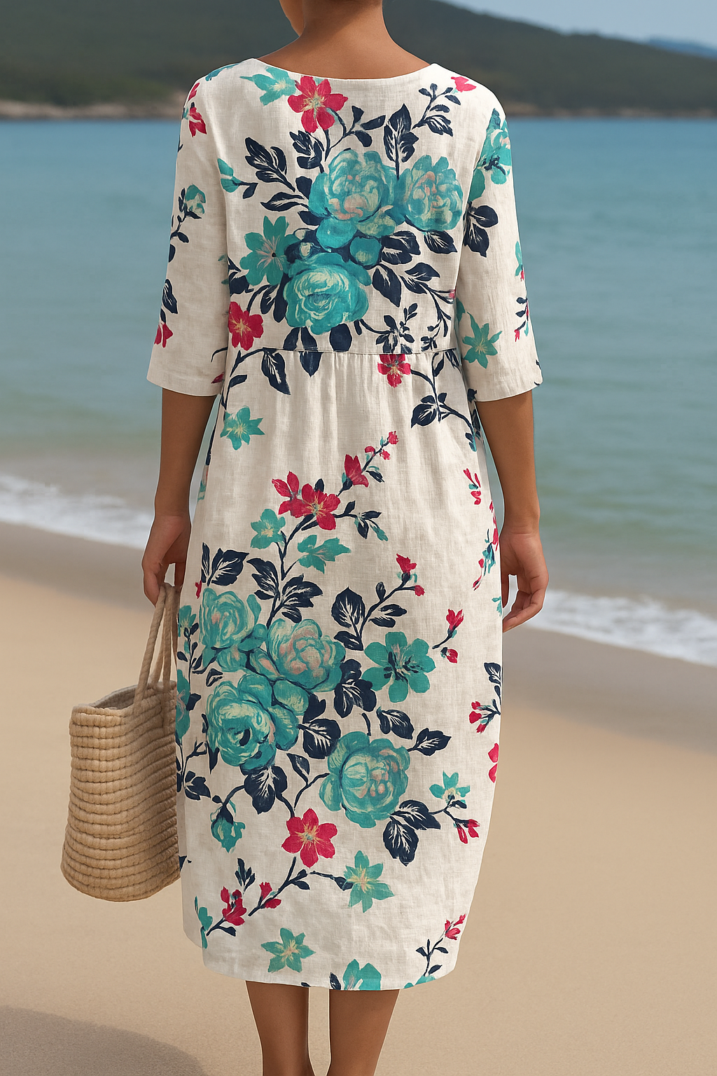 Dubois™ | Robe longue blanche à fleurs turquoises