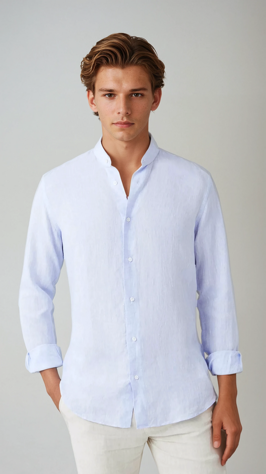 Chemise Linnen Col Mao Bleu Clair